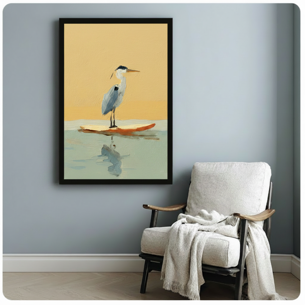 Framed heron standing on orange surfboard canvas print on a blue-grey wall beside a linen accent chair with a throw blanket