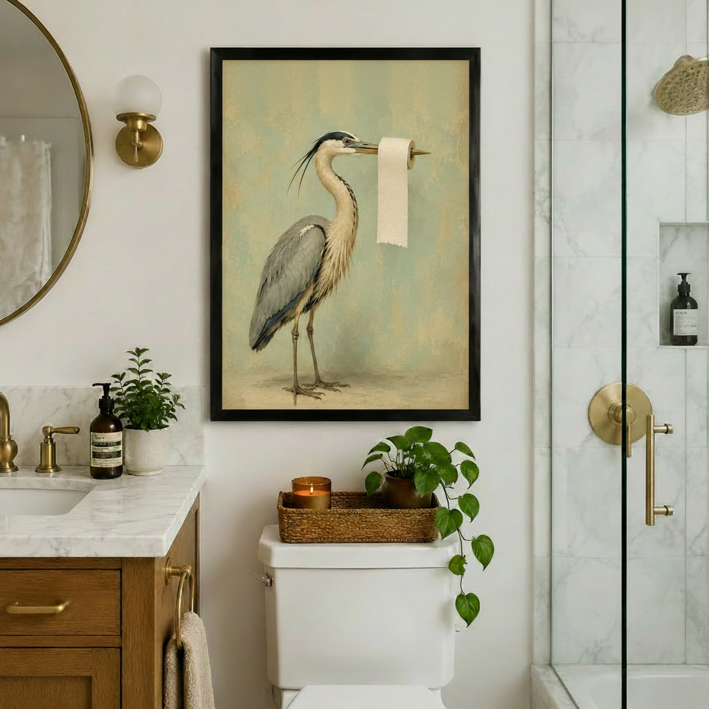 Black framed vintage heron with toilet paper roll art print above toilet in luxury marble bathroom with gold fixtures and plants