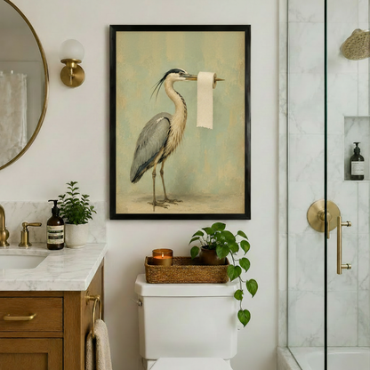 Black framed vintage heron with toilet paper roll art print above toilet in luxury marble bathroom with gold fixtures and plants