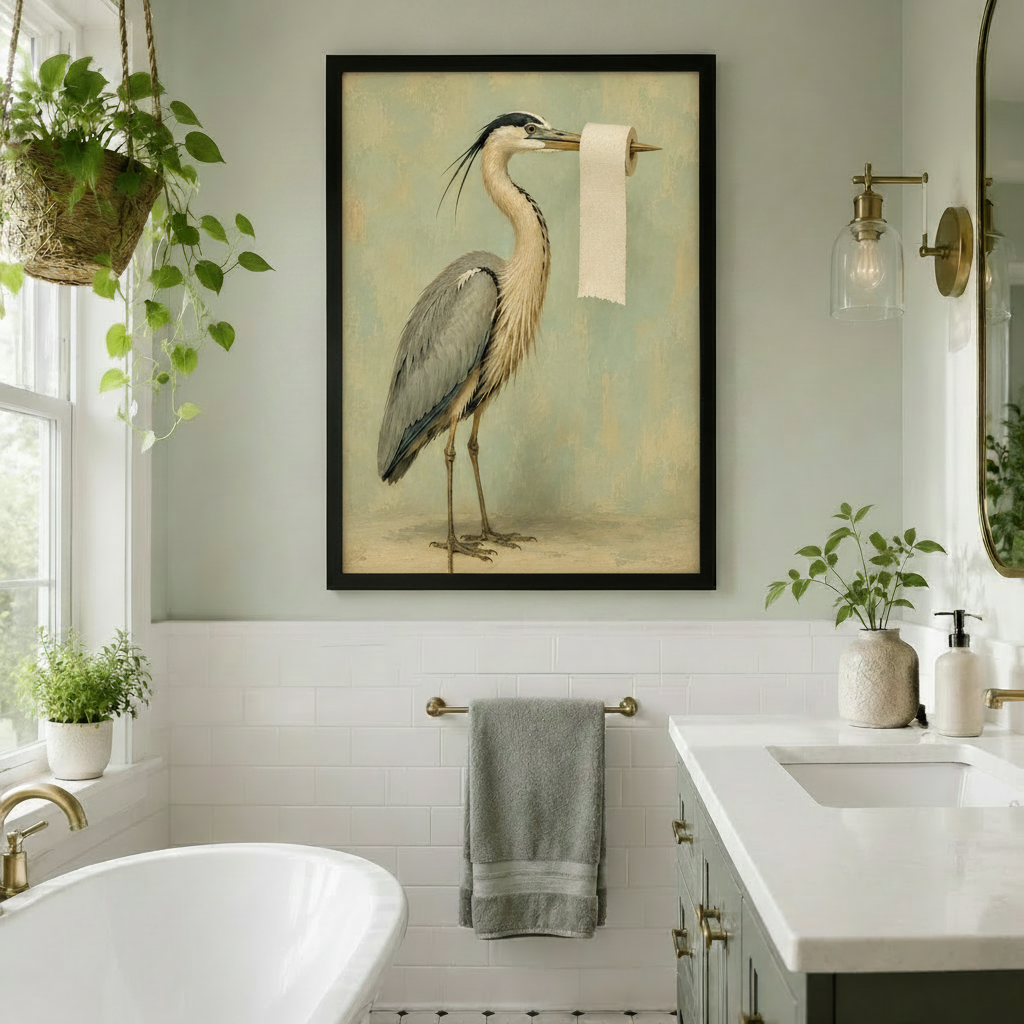 Black framed vintage great blue heron toilet paper wall art in bright white bathroom with freestanding bathtub gold fixtures and hanging plants