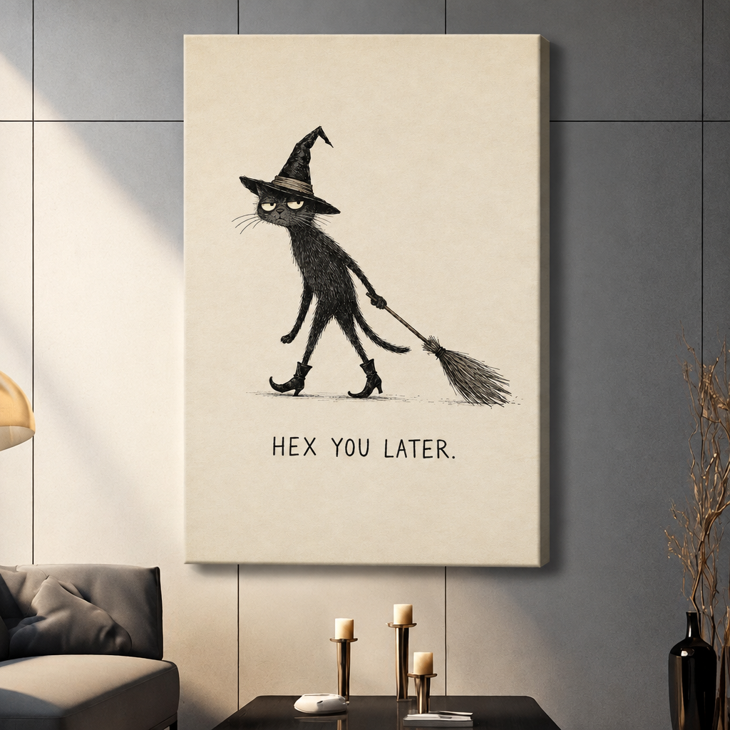 Pen and ink illustration of a grumpy scrawny black cat wearing a pointed witch hat and heeled boots dragging a broomstick with the caption Hex You Later on a cream background funny halloween cat wall art stretched canvas dark panel wall living room