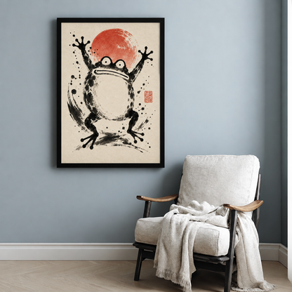 Sumi-e ink brush painting of a wide-eyed jumping frog with arms raised before a bold red sun circle with dynamic ink splatter and brushstroke swirls on aged cream paper with a red artist seal zen wall art framed print beside armchair blue-gray wall
