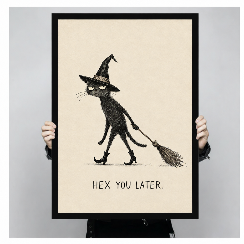 Pen and ink illustration of a grumpy scrawny black cat wearing a pointed witch hat and heeled boots dragging a broomstick with the caption Hex You Later on a cream background funny halloween cat wall art framed print held up