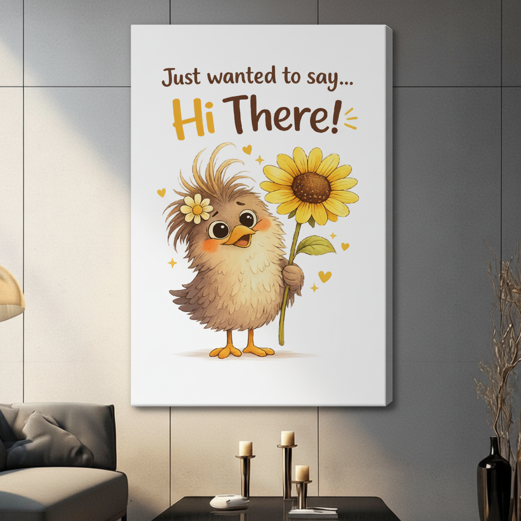 Gallery wrap stretched canvas of a cute fluffy brown chick with daisy hair clip holding a large sunflower and Hi There quote hung frameless on a dark gray wall above a black coffee table with gold candlesticks