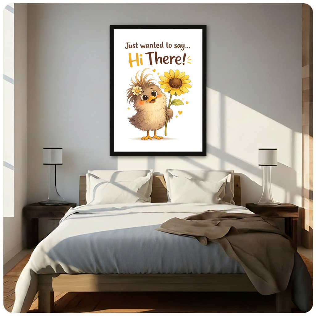 Black framed cute cottagecore Hi There fluffy chick holding sunflower canvas wall art with cheerful white background hung above a dark wood bed with white and beige linen bedding in a sunlit minimalist bedroom