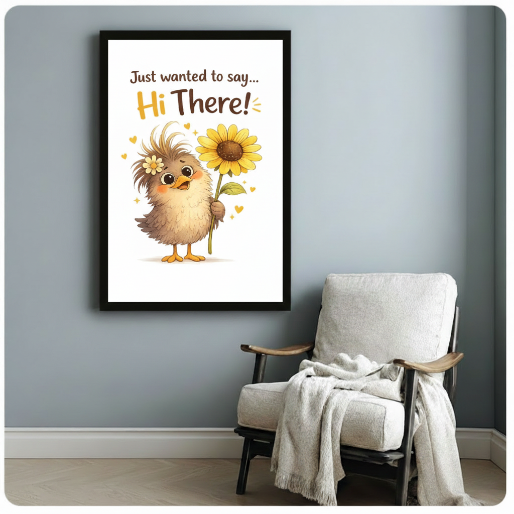 Black framed whimsical Hi There chick sunflower funny quote canvas print with rosy-cheeked fluffy bird and yellow hearts on white background hung on a soft blue-gray wall beside a white linen folding chair