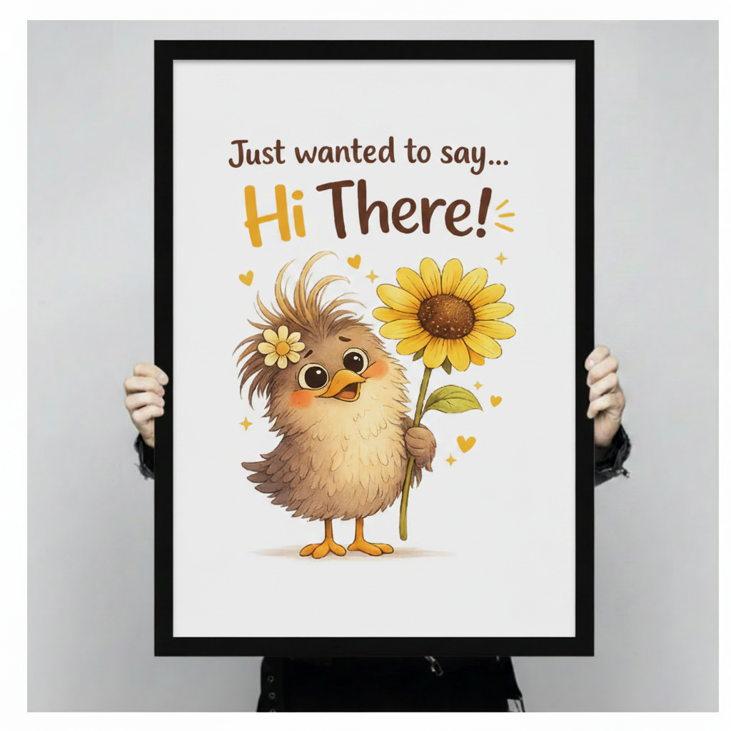 Two hands holding a large black framed Just Wanted to Say Hi There cute chick with sunflower canvas art print with white background and yellow heart accents, front-facing vertical product size display