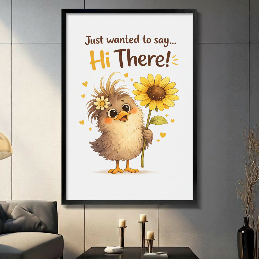 Black framed Just Wanted to Say Hi There funny fluffy chick holding sunflower canvas wall art with white background displayed in a modern dark gray living room with gray sofa, black coffee table and candlesticks