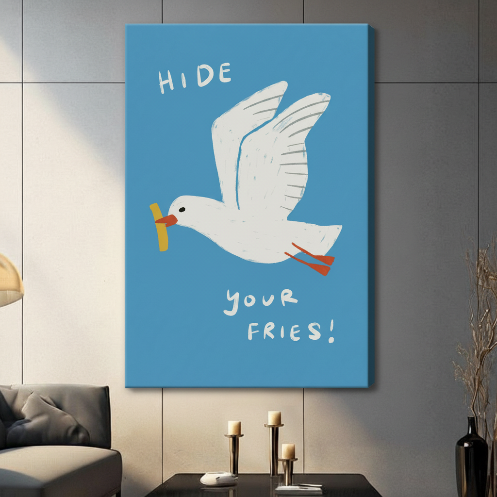 Humorous seagull canvas wrap art print with "Hide Your Fries" typography on bright blue background, frameless wrap style on grey wall