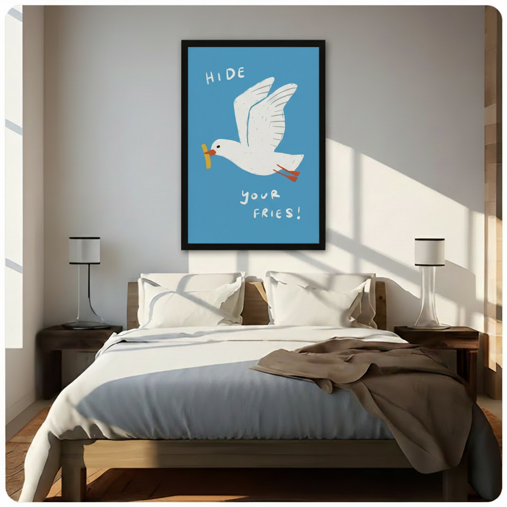 Playful seagull wall art print in black frame hung above wooden bed in sunlit modern bedroom, bright blue coastal humour illustration
