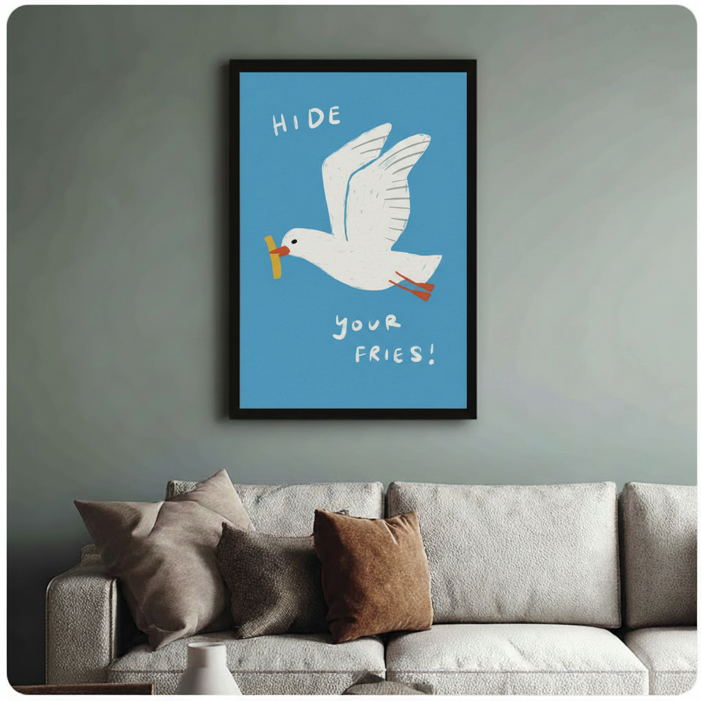 Quirky seagull wall art in black frame hung above cream linen sofa, bold blue illustrated print with playful hand-lettered text