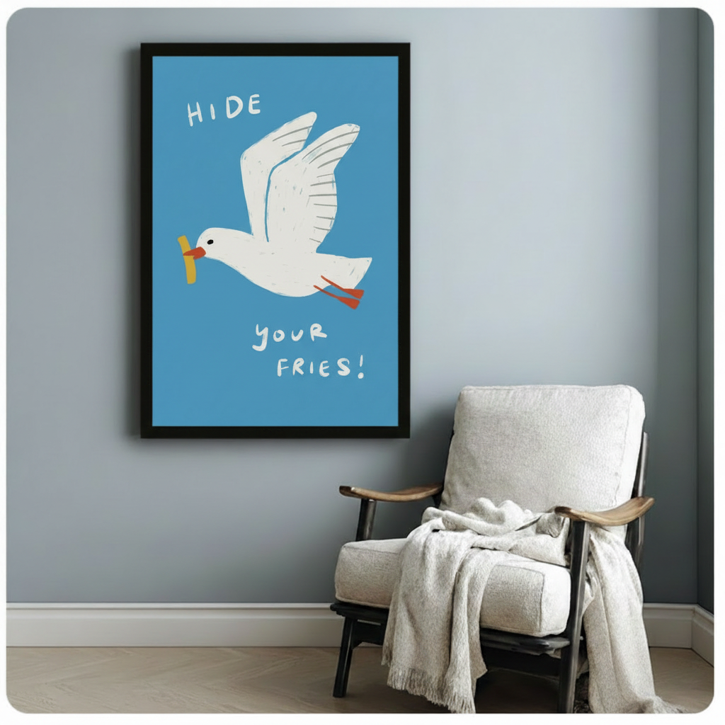 Funny seagull framed art print with blue background displayed beside white linen armchair in cosy Scandinavian reading nook