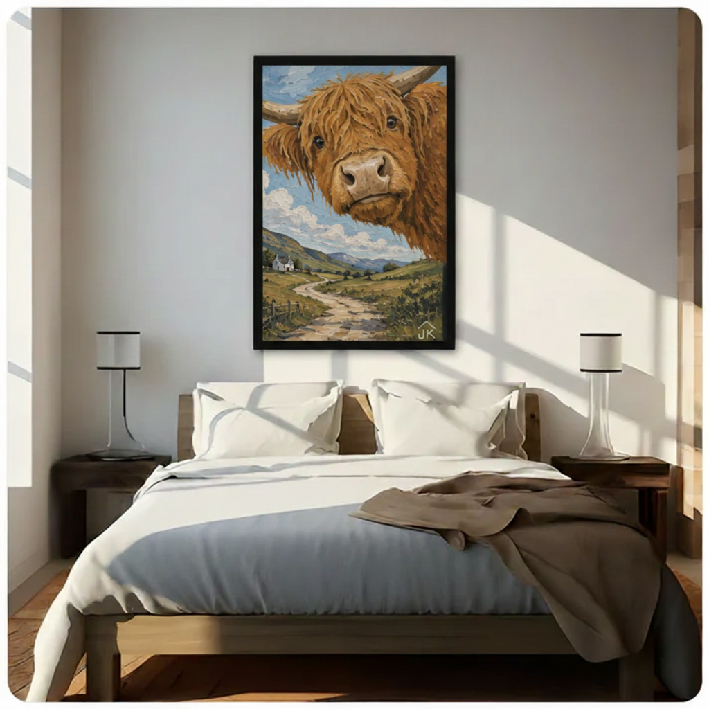 Framed Highland cow countryside canvas wall art above dark wooden bed — whimsical farmhouse oil painting bedroom decor