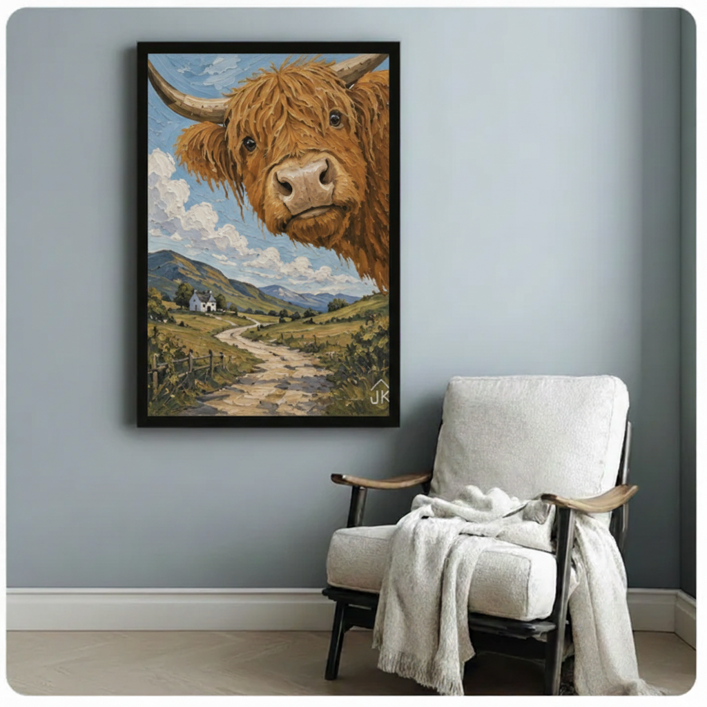 Highland cow Scottish countryside oil painting in black frame on blue-gray wall above white armchair — farmhouse canvas decor