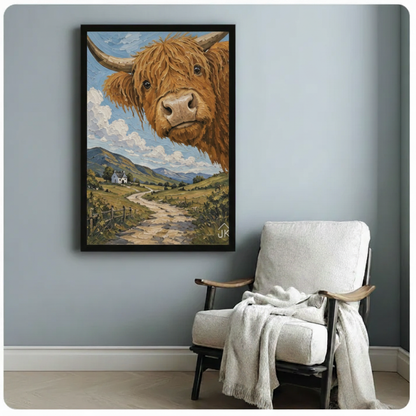Highland cow Scottish countryside oil painting in black frame on blue-gray wall above white armchair — farmhouse canvas decor