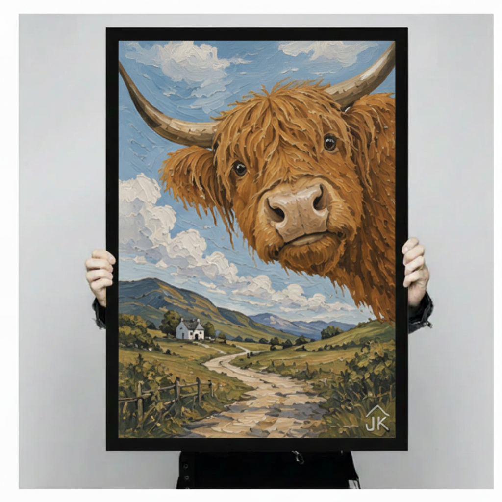 Hands holding large framed Scottish Highland cow oil painting canvas — whimsical farmhouse countryside wall art size display