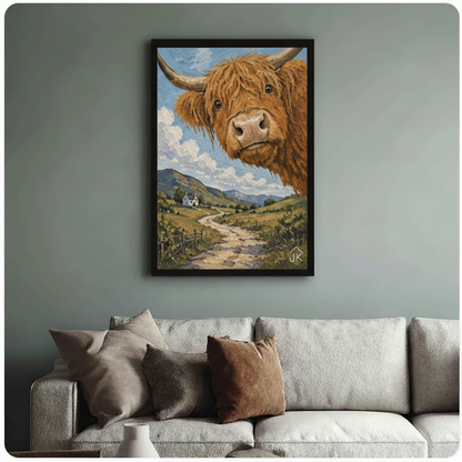 Highland cow oil painting in black frame on blue-gray wall above cream sofa — whimsical farmhouse canvas wall decor