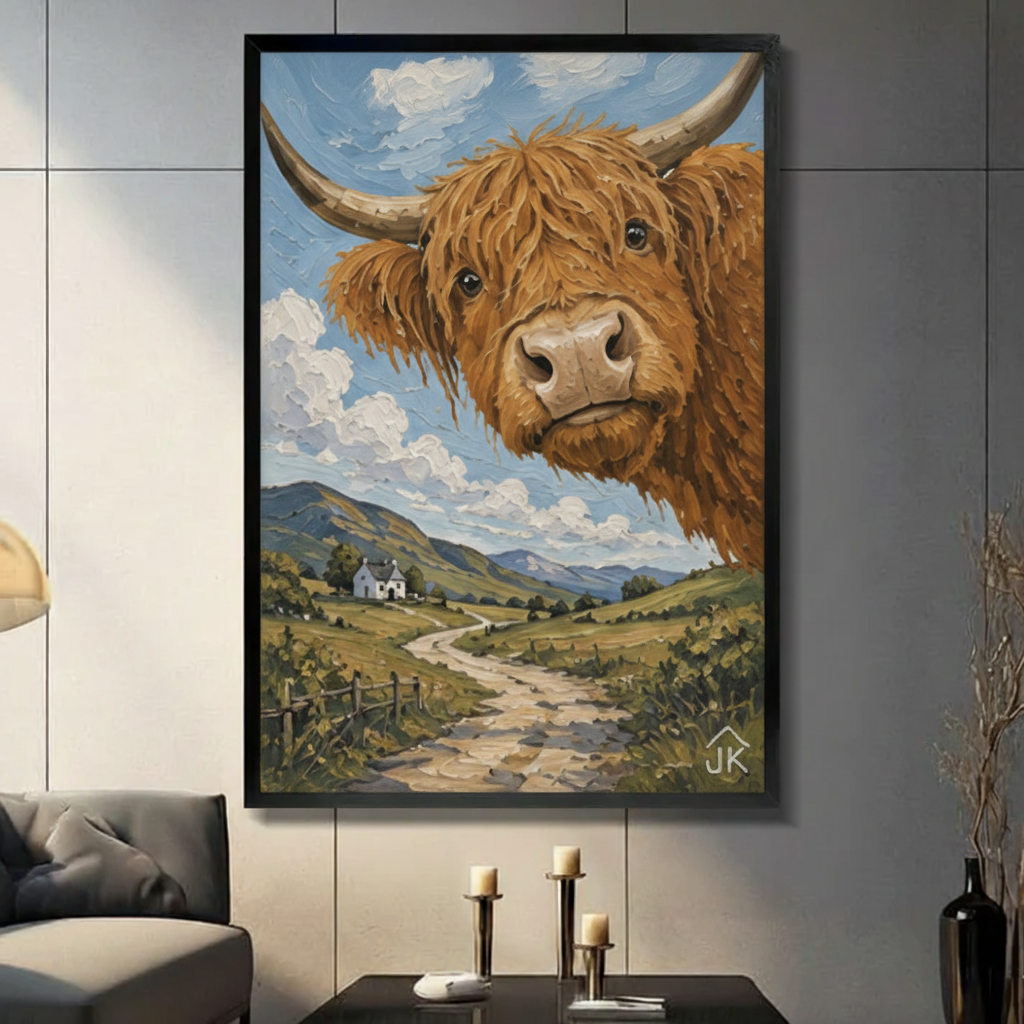 Framed Highland cow Scottish countryside oil painting canvas wall art above dark gray sofa — whimsical farmhouse home decor