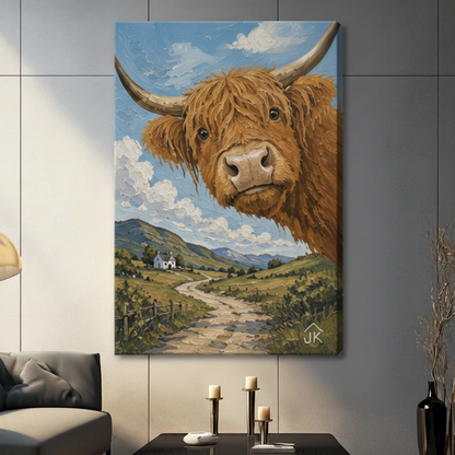 Stretched gallery wrap Highland cow canvas print on gray tile wall — frameless Scottish countryside wall art for living room