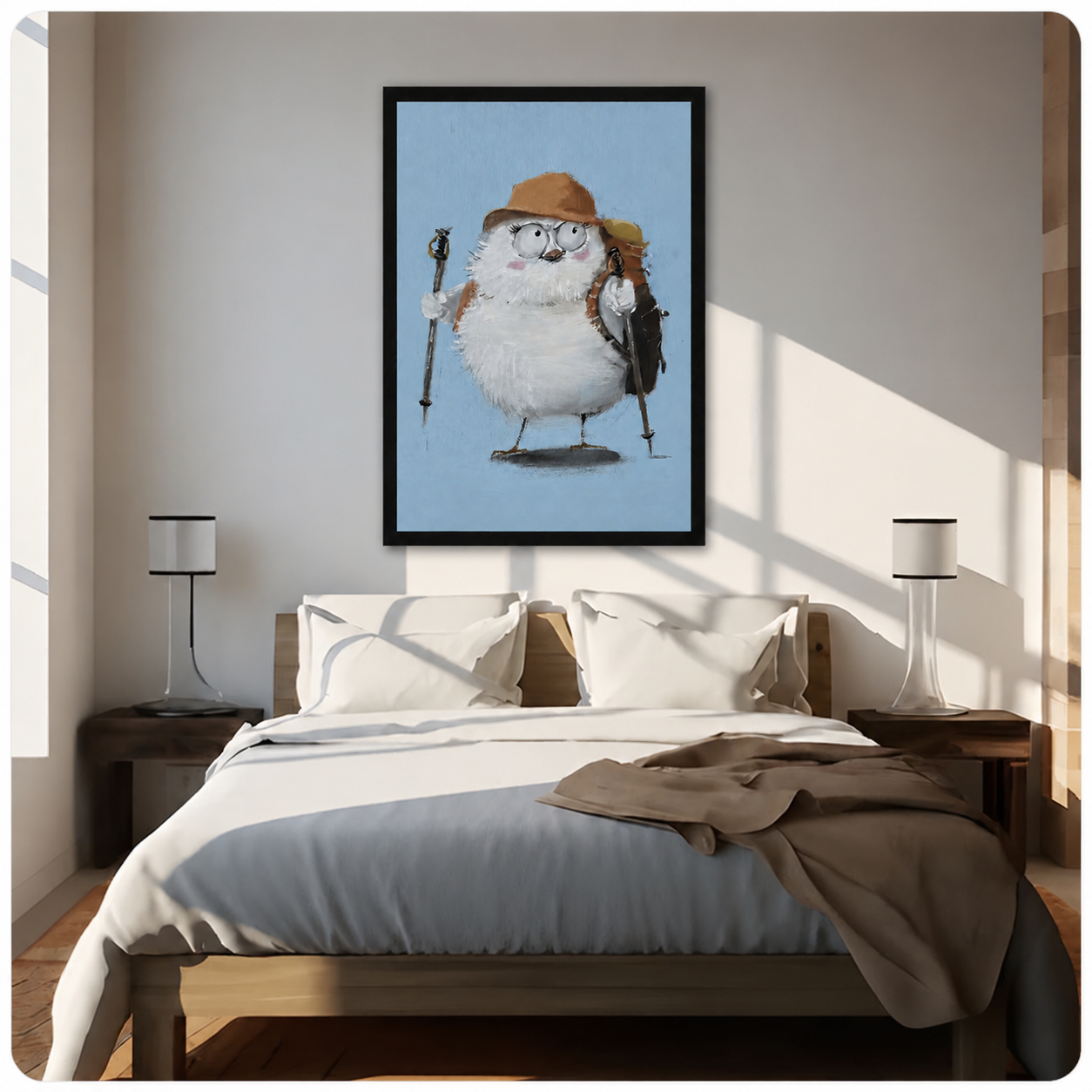Bedroom wall art canvas of an adorable round bird hiker in a brown hat with trekking poles on a soft blue background, above bed decor