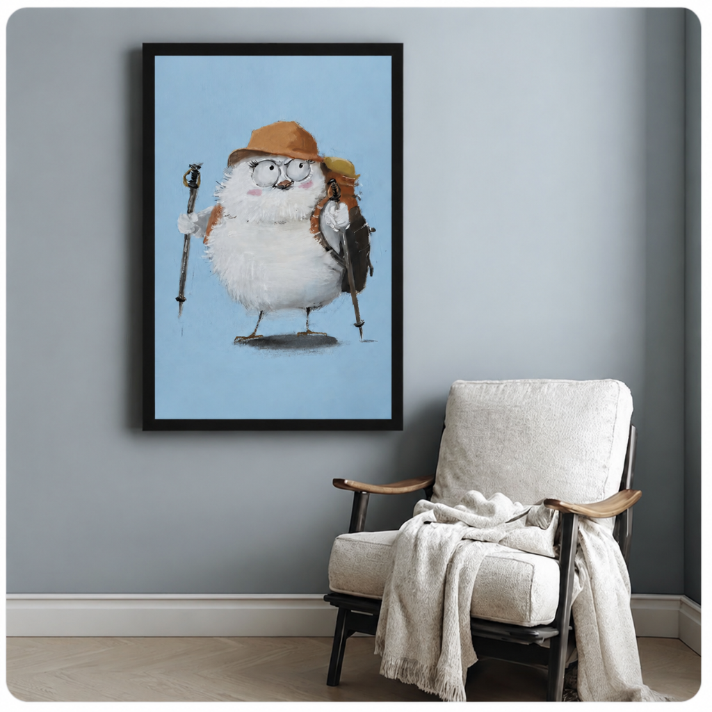 Framed art print featuring a cute chubby bird adventurer with hiking poles and brown hat, displayed above a cozy armchair