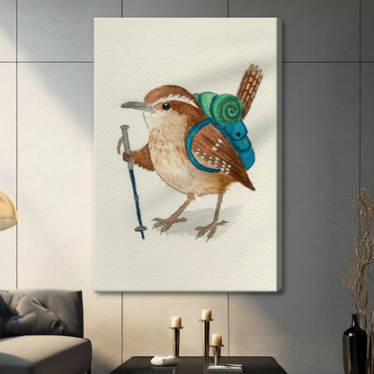 Gallery wrapped canvas of a whimsical hiking wren watercolor illustration showing a small brown bird with a teal backpack and rolled sleeping mat, hung on a grey wall in a contemporary living room setting