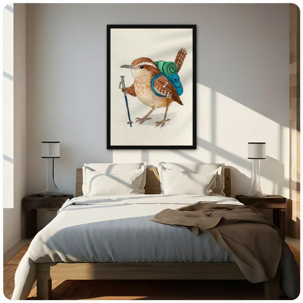 Framed whimsical hiking bird canvas art hung above a bed in a sunlit Scandinavian-style bedroom, featuring a warm brown Carolina wren with a teal backpack and blue trekking pole on a soft cream watercolor background