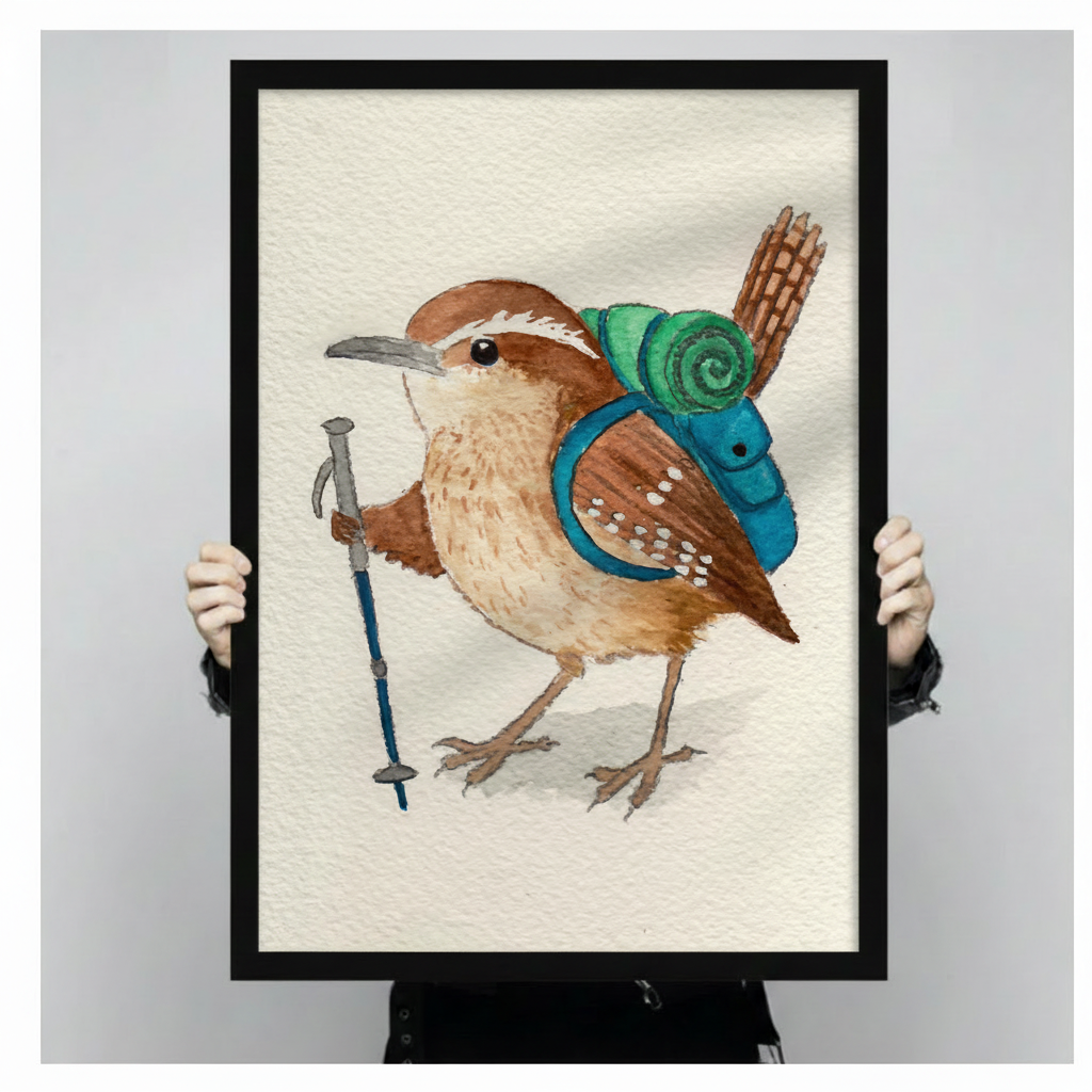 Person holding a large black framed whimsical watercolor art print depicting a Carolina wren with a teal hiking backpack, green sleeping roll, and blue trekking pole on a cream textured background, showcasing print detail and frame quality