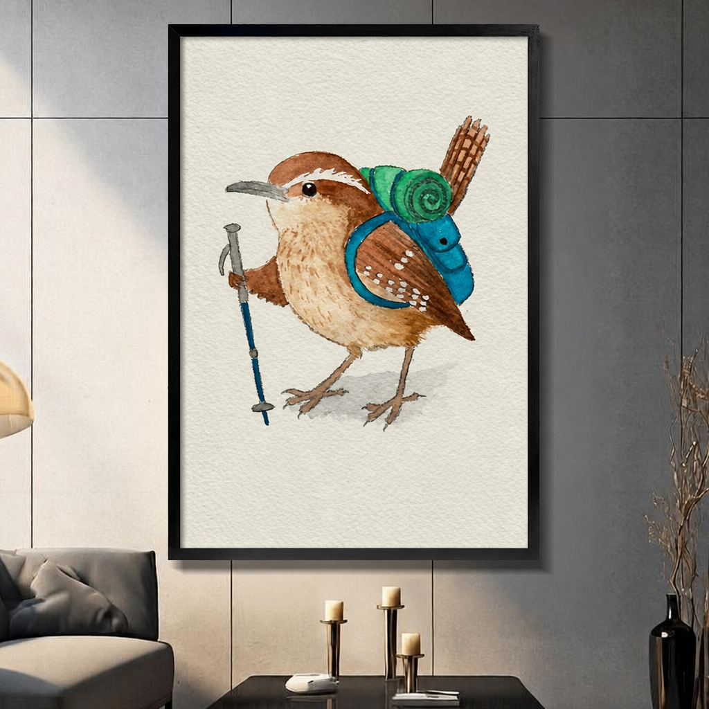 Black framed whimsical watercolor bird art print of a Carolina wren with a teal hiking backpack and blue trekking pole, displayed on a grey wall above a console table with candle holders in a modern living room
