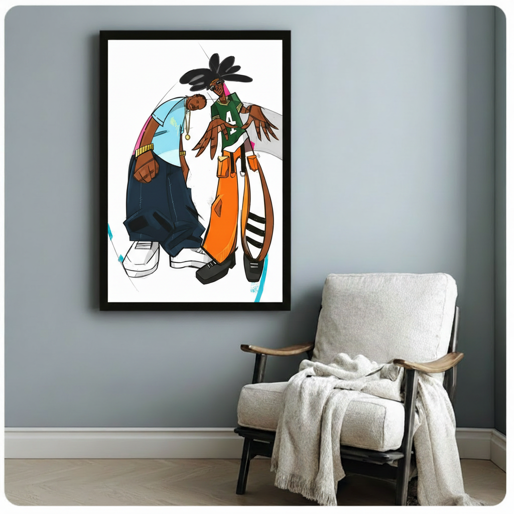 Black framed hip hop poster art with two cartoon characters in streetwear hanging on gray wall above armchair