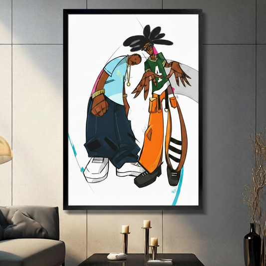 Hip hop duo wall art print in black frame displayed in modern living room with dark sofa and candles