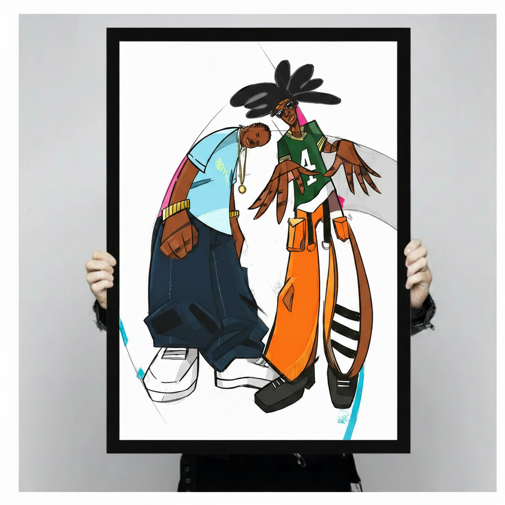 Person holding large black framed hip hop illustration print showing two figures in bold orange and blue urban outfits