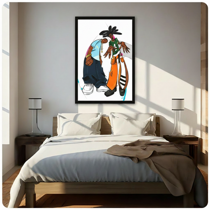 Hip hop duo illustration in black frame mounted above bed in bright minimalist bedroom with white bedding