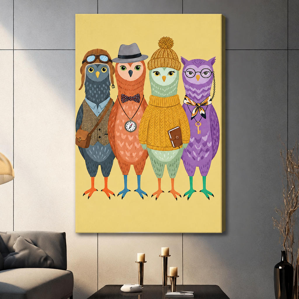 Whimsical illustration of four dressed-up owls standing in a row wearing an aviator hat with goggles a fedora with bow tie and pocket watch a mustard knit beanie with sweater and purple glasses with chain key pendant on a yellow background funny owl wall art stretched canvas dark panel wall living room