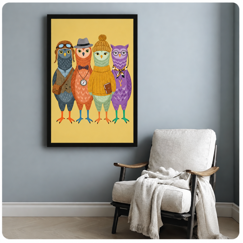 Whimsical illustration of four dressed-up owls standing in a row wearing an aviator hat with goggles a fedora with bow tie and pocket watch a mustard knit beanie with sweater and purple glasses with chain key pendant on a yellow background funny owl wall art framed print beside armchair blue-gray wall