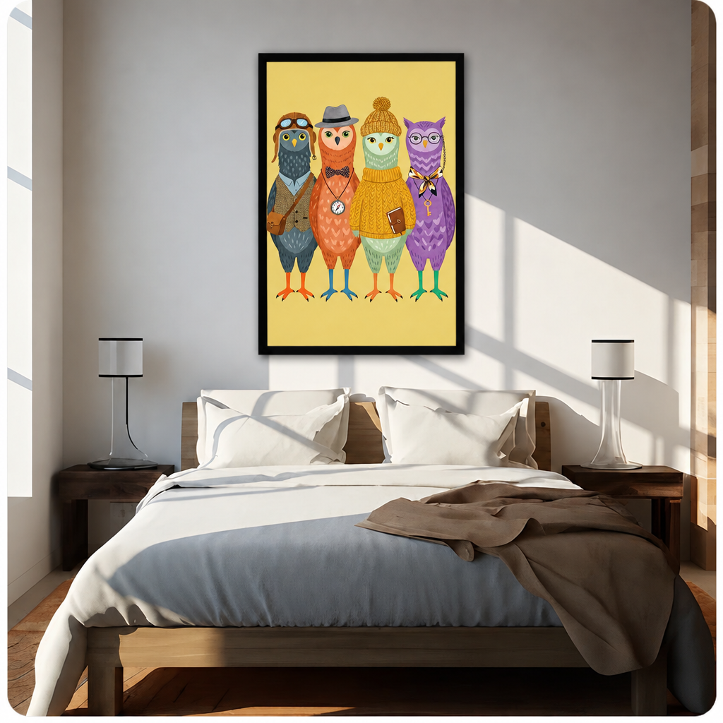 Whimsical illustration of four dressed-up owls standing in a row wearing an aviator hat with goggles a fedora with bow tie and pocket watch a mustard knit beanie with sweater and purple glasses with chain key pendant on a yellow background funny owl wall art framed print above bed sunlit bedroom