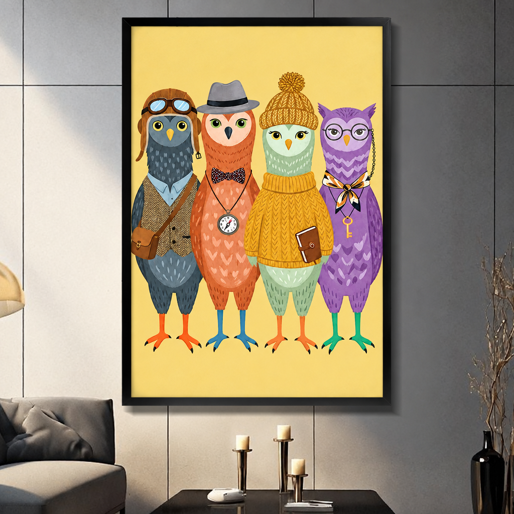 Whimsical illustration of four dressed-up owls standing in a row wearing an aviator hat with goggles a fedora with bow tie and pocket watch a mustard knit beanie with sweater and purple glasses with chain key pendant on a yellow background funny owl wall art framed print dark panel wall living room