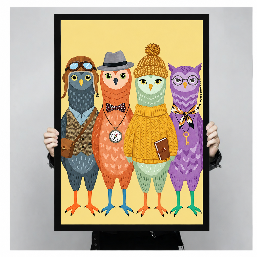Whimsical illustration of four dressed-up owls standing in a row wearing an aviator hat with goggles a fedora with bow tie and pocket watch a mustard knit beanie with sweater and purple glasses with chain key pendant on a yellow background funny owl wall art framed print held up