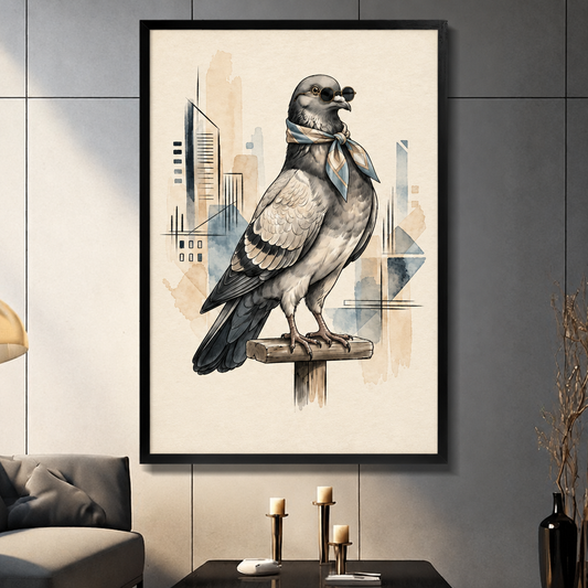 Watercolour and ink illustration of a grey pigeon perched on a wooden post wearing small round sunglasses and a tied silk scarf with geometric art deco skyscrapers and blue watercolour shapes in the background funny bird wall art framed print dark panel wall living room