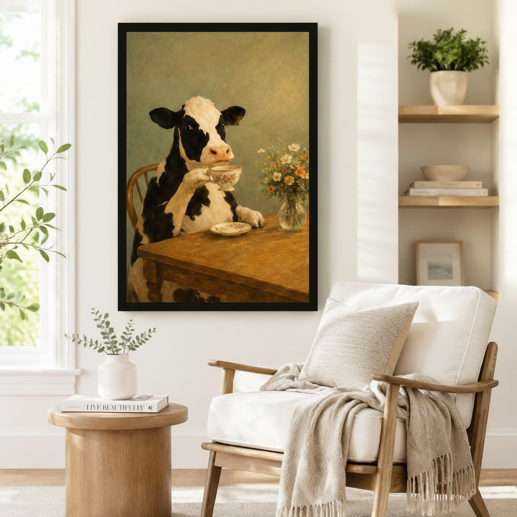 Large black-framed wall art of a Holstein cow enjoying afternoon tea at a rustic table, styled beside a linen armchair and round side table in a Scandinavian-inspired reading nook