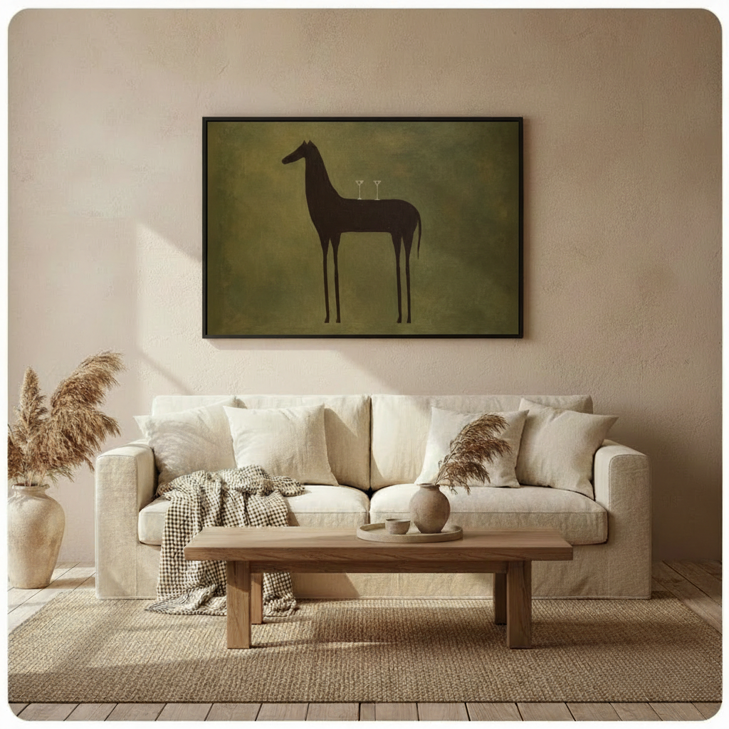 Elegant horse silhouette art print with martini glasses hung above sofa in bright boho neutral living room with linen couch and pampas grass decor