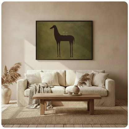 Elegant horse silhouette art print with martini glasses hung above sofa in bright boho neutral living room with linen couch and pampas grass decor