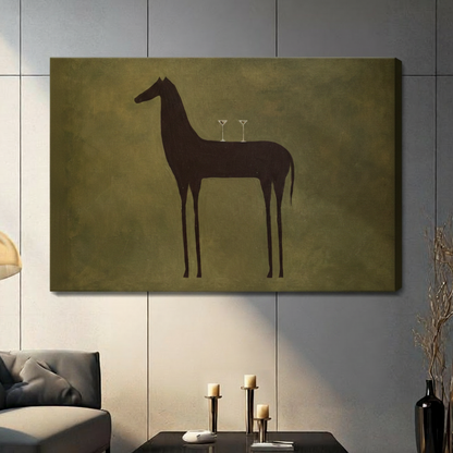 Minimalist horse silhouette canvas wrap print with two martini glasses on textured olive green background, shown in contemporary living room setting