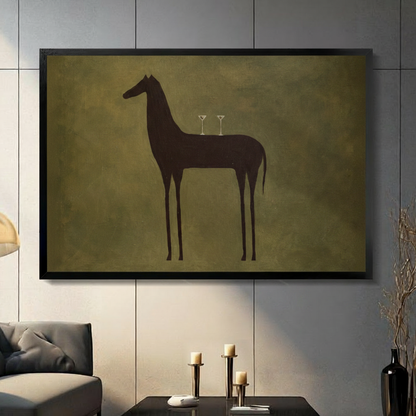 Dark luxury framed canvas wall art featuring a minimalist horse silhouette with martini glasses on olive green background, displayed in modern dark interior