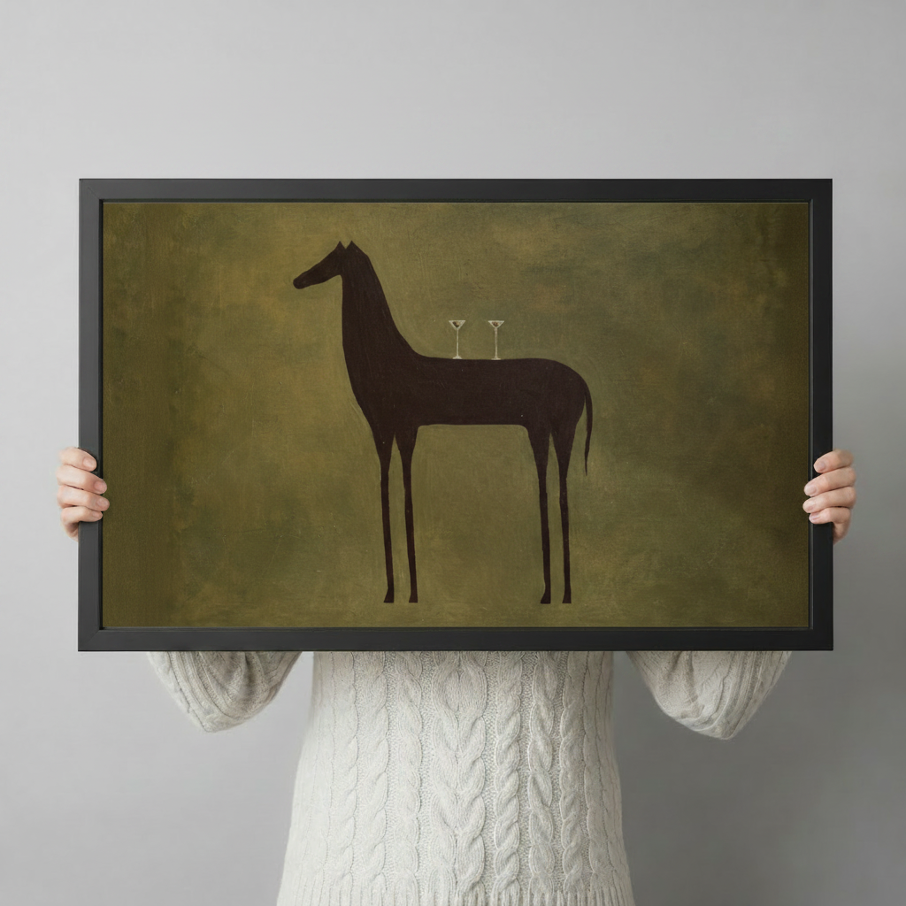 Framed horse silhouette wall art print with martini glasses on olive background, hand-held size reference showing landscape orientation
