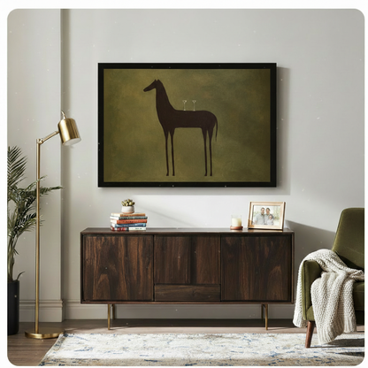 Large framed horse silhouette wall art with martini glasses on olive green canvas, styled above walnut sideboard in mid-century modern living room