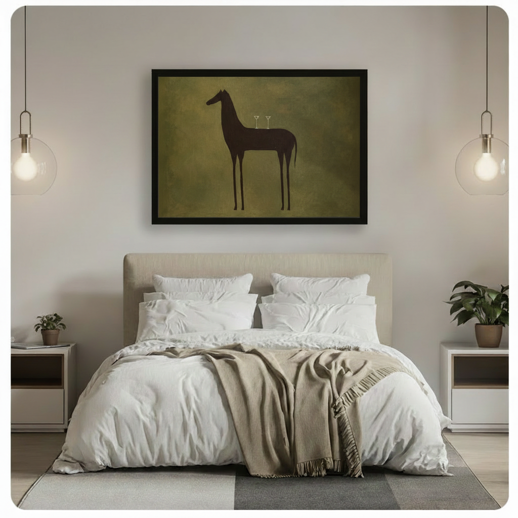 Minimalist framed horse silhouette canvas print with martini glasses displayed above bed in serene neutral bedroom with pendant lighting