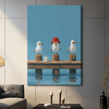 Frameless canvas wrap print of three seagulls standing on a wooden dock, middle bird wearing red bucket hat, displayed on grey wall