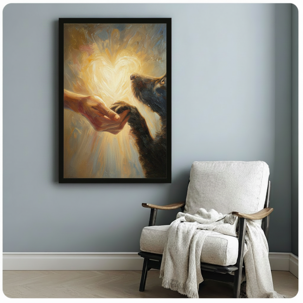 Black framed classical romantic oil painting human hand tenderly touching black dog paw with radiant golden heart halo on warm amber brushstroke background canvas print beside white wood accent chair on pale blue-grey wall - heartfelt human and dog connection heart light wall art for cozy reading nook pet lover decor