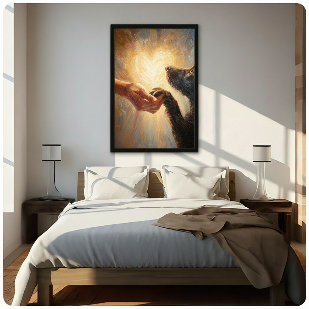 Framed classical romantic oil painting human hand tenderly touching black dog paw with radiant golden heart halo on warm amber brushstroke background canvas print above wooden bed in sunlit minimalist bedroom with twin table lamps - heartfelt human and dog connection heart light wall art for contemporary pet lover bedroom decor